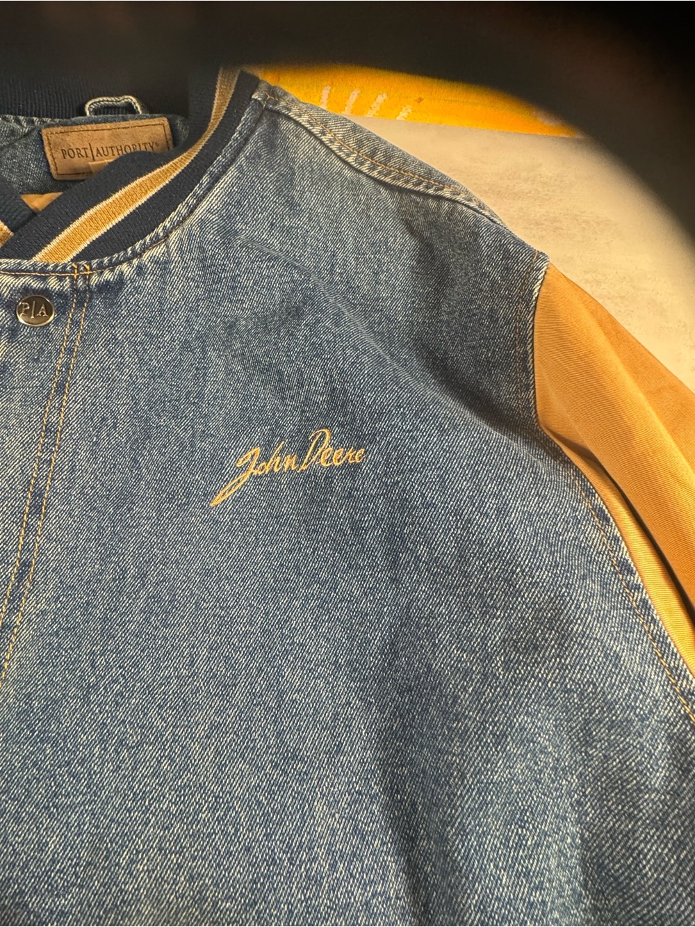 Port Authority Denim Bomber Jacket with Mustard Sleeves